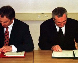File Pics The Good Friday Agreement was agreed 15 years ago. L TO R. Taoiseach and Fianna Fail leader Bertie Ahern and British Prime Minister Tony Blair at Castle Buildings signing the peace agreenment that will allow the people of Northern Ireland to decide their future. 10/4/1998 Pic Photocall Ireland